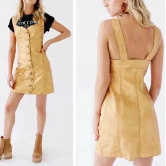 NWT Free People Goldie Metallic Gold Yellow Leather Button Party Mini Dress 10 - Picture 1 of 11